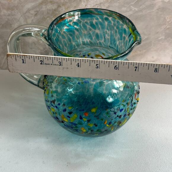 Mexican Hand Blown Glass Art Pitcher Turquoise Multi-Color Confetti 8.5" - Picture 6 of 16